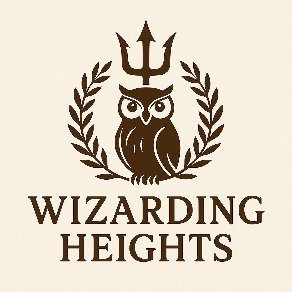 An owl is sitting on a branch with a trident above it and the words "Wizarding Heights" below.